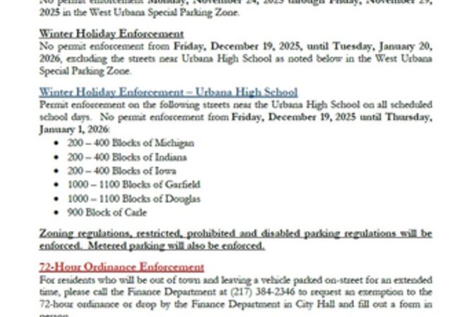 West Urbana Holiday Parking Enforcement 2025-2026